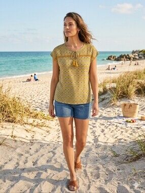 Beach Boho Chic Banana Republic Mustard Yellow Geometric Tassel Tie Blouse